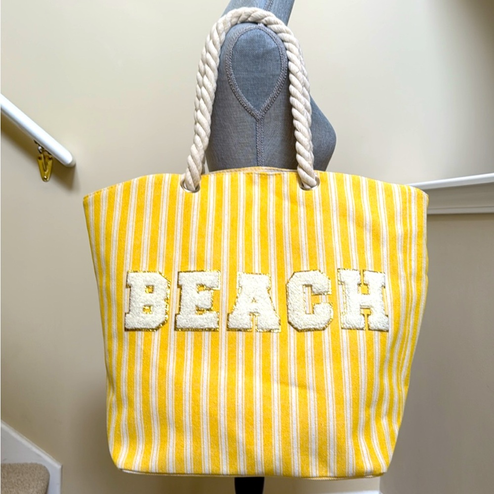 New Yellow Striped Beach Tote Bag. Soft rope handles. Gloss and Glo by Danbury.